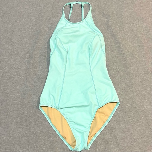 Zella Teal One Piece Swimsuit Small High Neck Crossback Athletic Shelf Bra - Picture 4 of 15